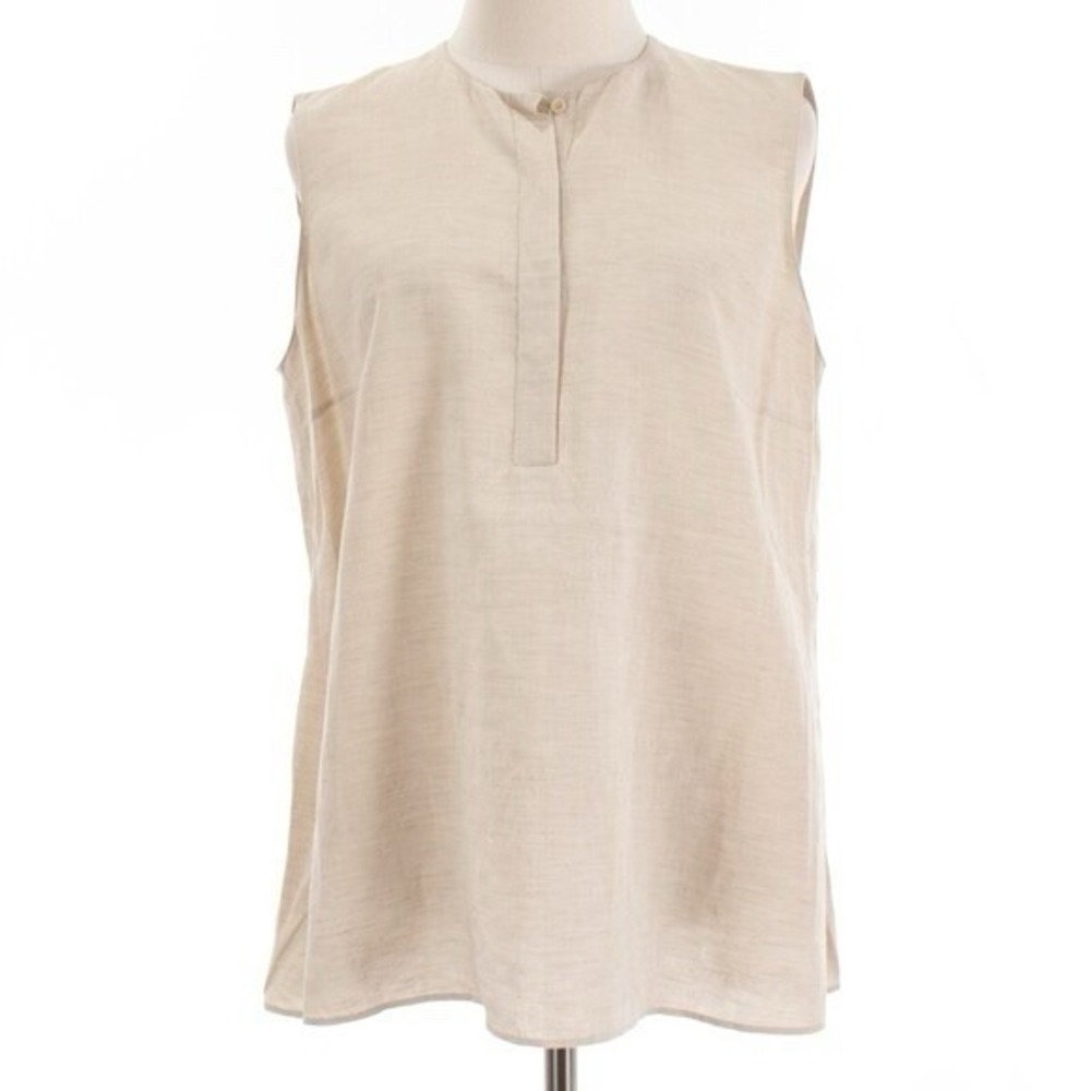 Akris Punto Sleeveless Linen Blend Blouse Beige Flax Button Placket Top 2 small